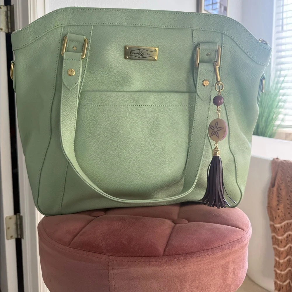 Frankie Lou Leather Joann in Pistachio Convertible Diaper Bag